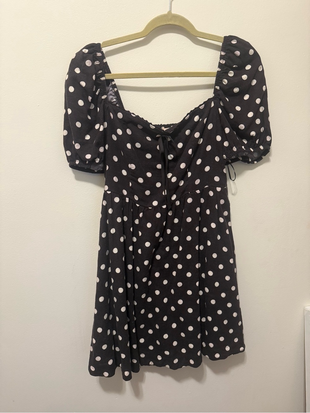 Camila Coelho Black Dress with White Polka Dots and Puff Sleeves